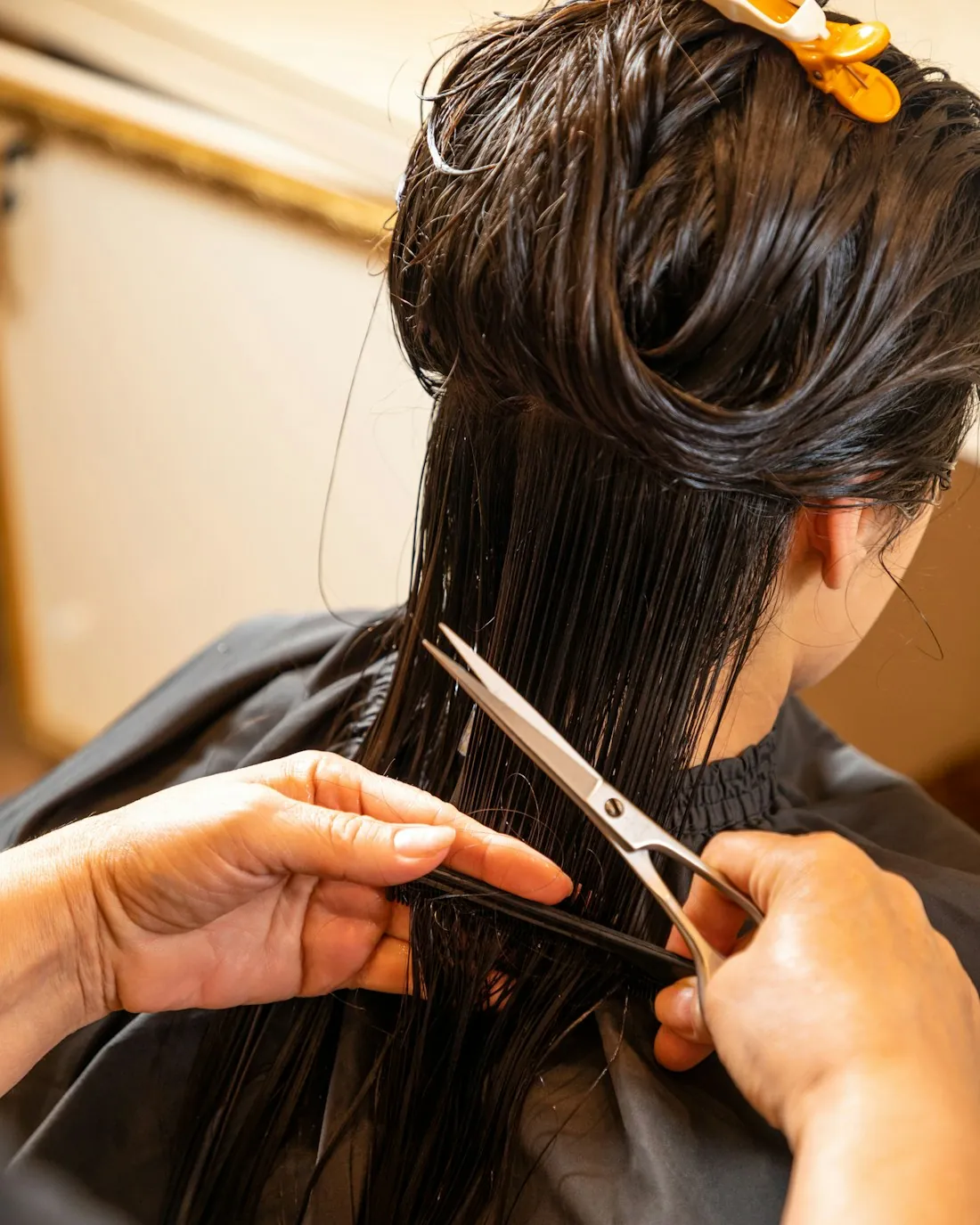 Stylist sectioning and cutting a client's hair with precision